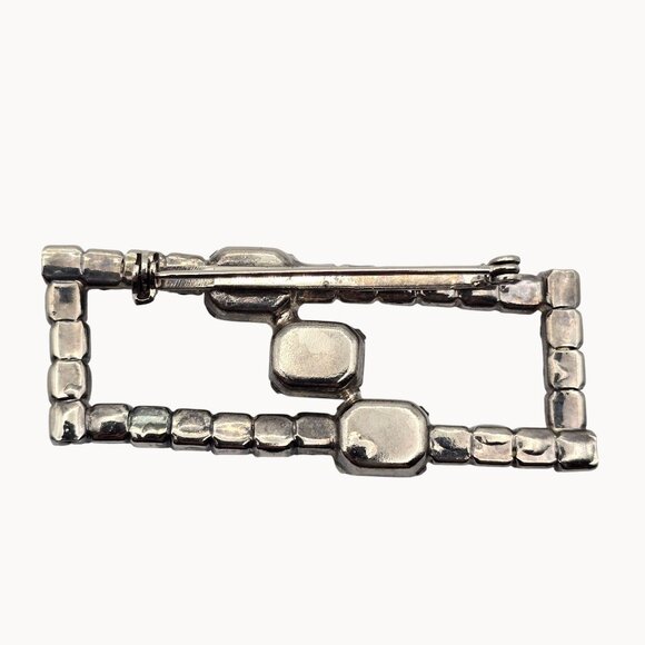 Vintage Brooch Silver-Black Toned Rhinestone Rectangular Fashion Jewelry Pin - Picture 4 of 12